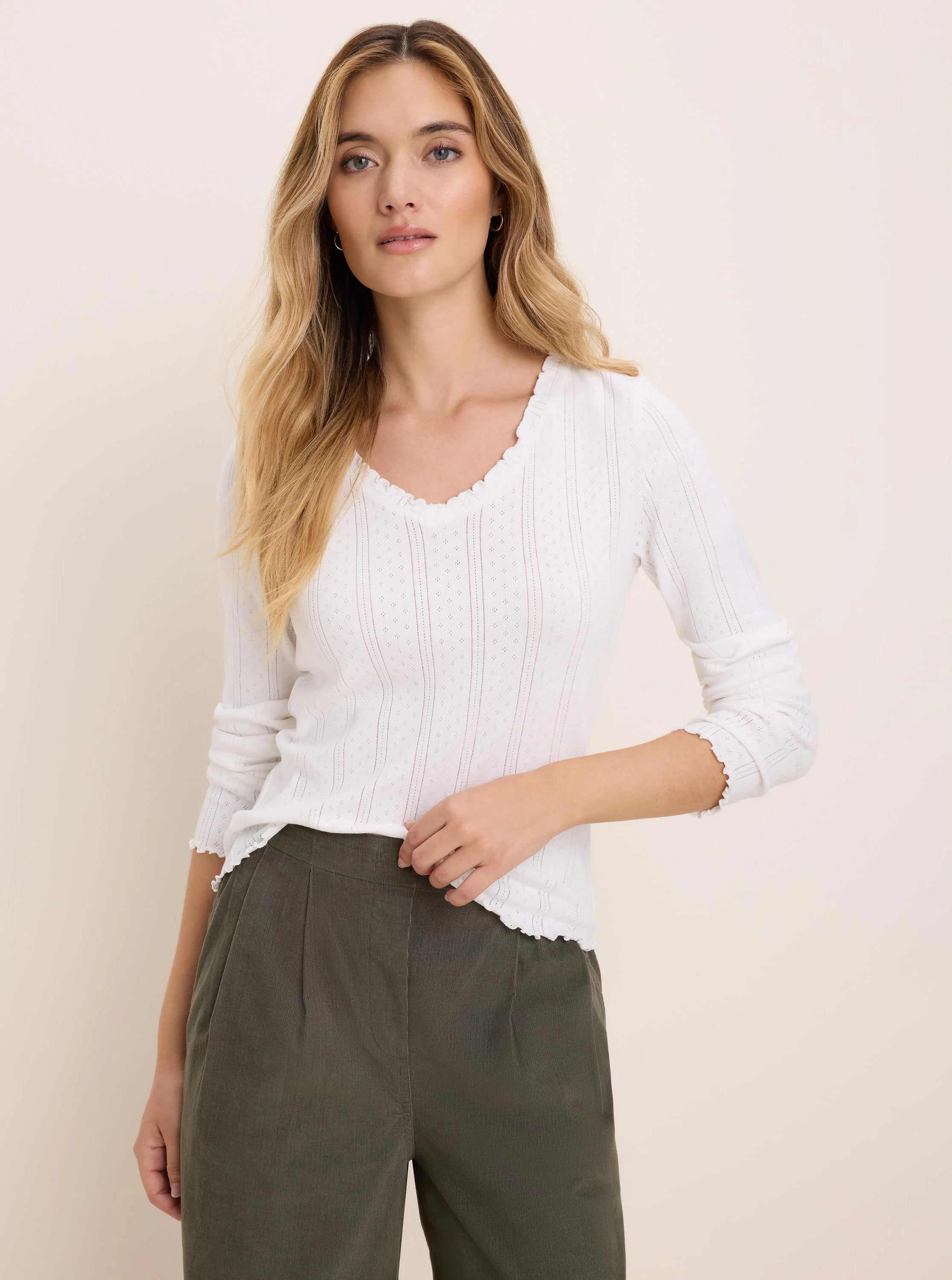 White pointelle rib long sleeve V-neck tee with ruffled trim on neckline, cuffs, and hem.