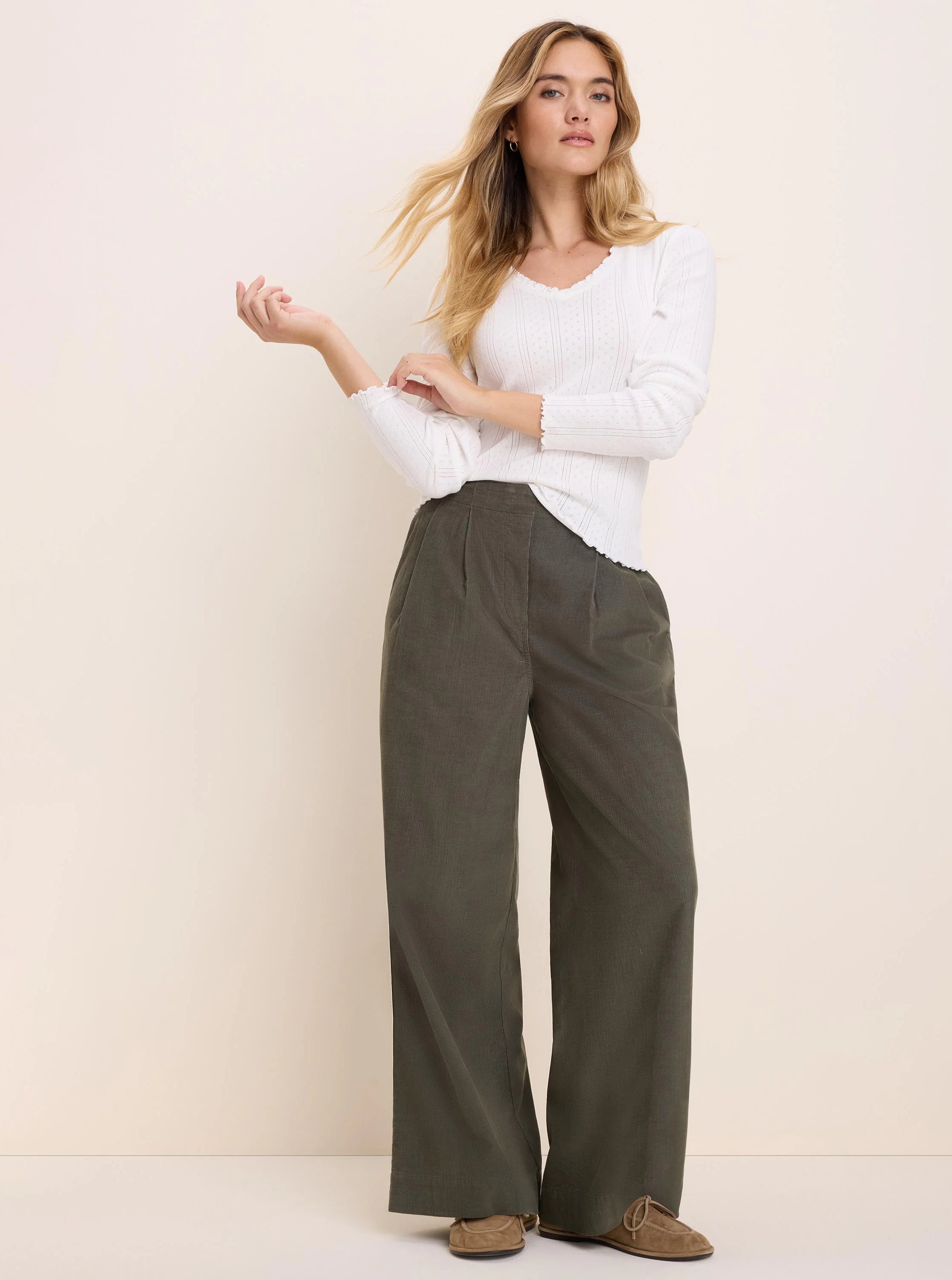 White pointelle rib long sleeve tee with scalloped V-neck, cuffs, and hem.