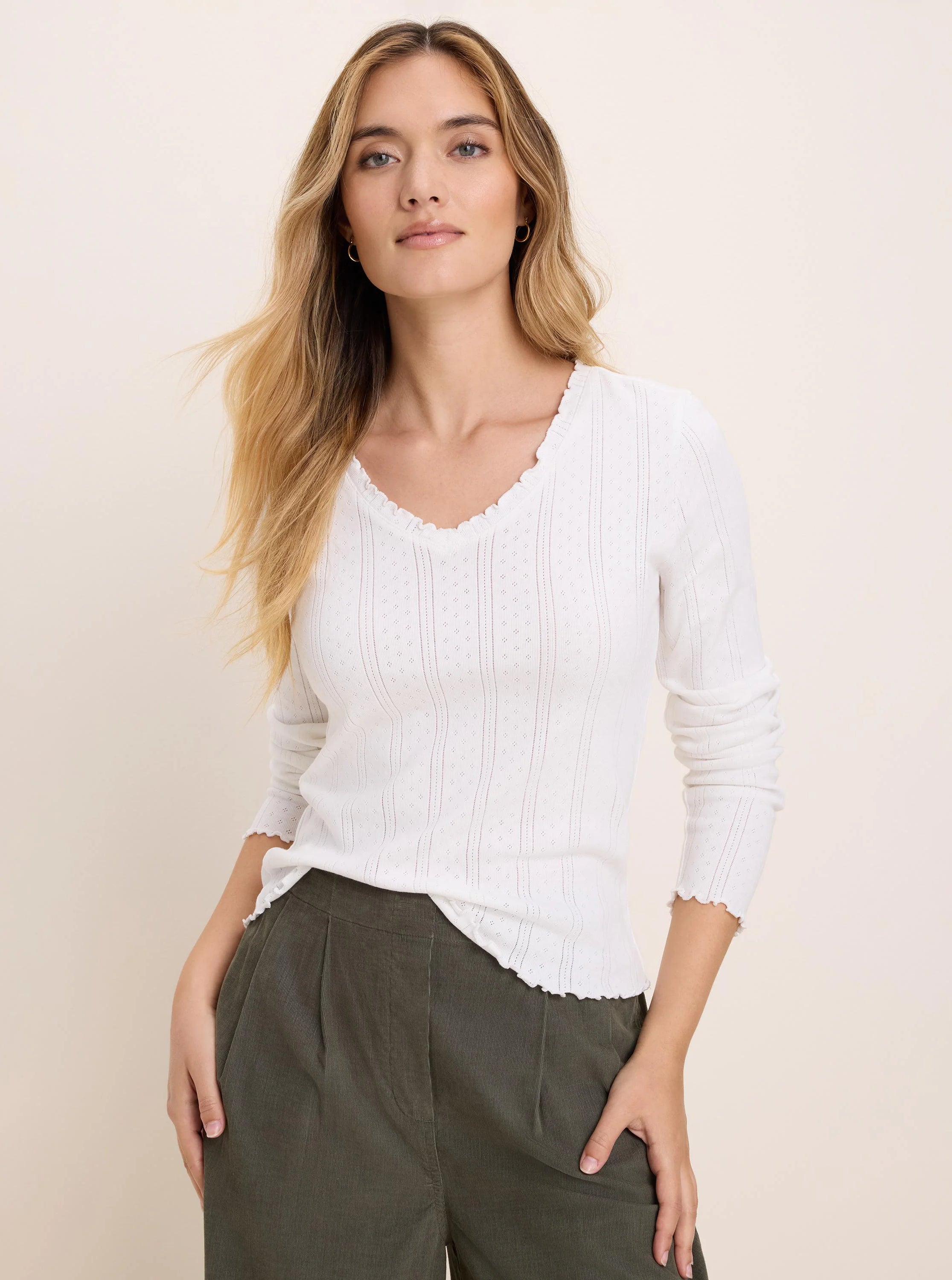 White pointelle rib long sleeve tee with V-neck and ruffled edges at neckline, cuffs, and hem.