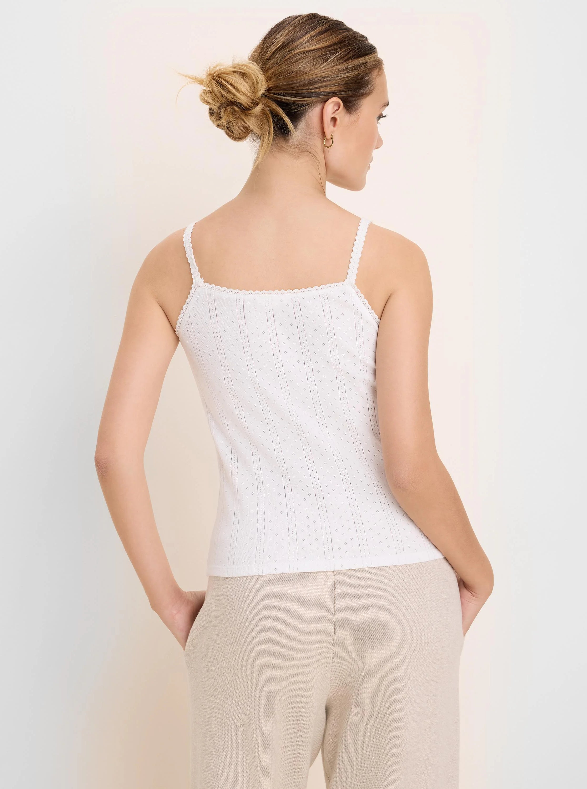 White pointelle rib cami, seen from back. Features delicate lace-trimmed spaghetti straps & scoop neckline.