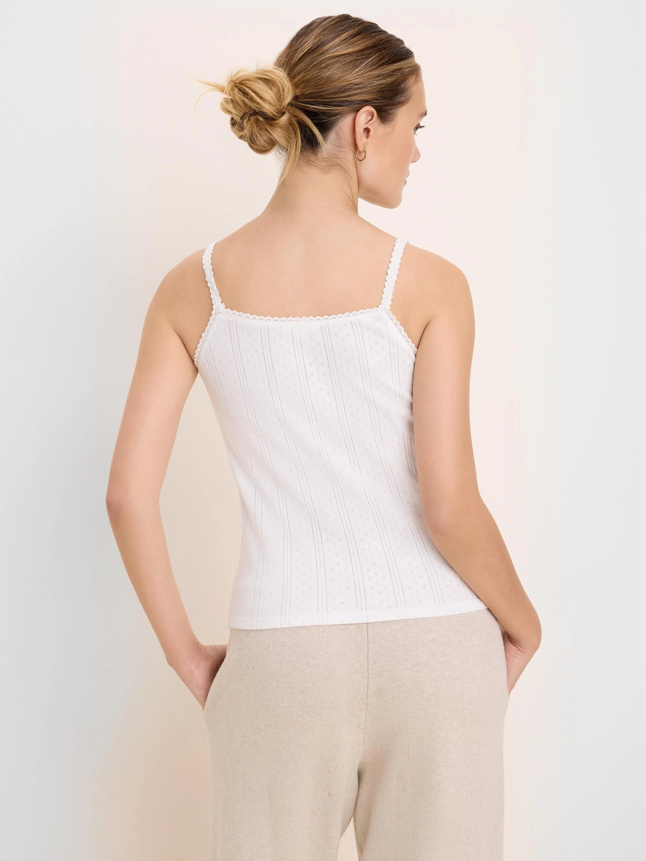 White pointelle rib cami, seen from back. Features delicate lace-trimmed spaghetti straps & scoop neckline.