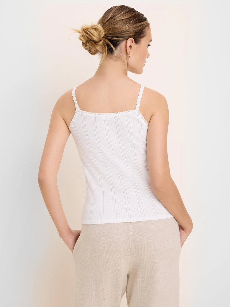 White pointelle rib cami, seen from back. Features delicate lace-trimmed spaghetti straps & scoop neckline.