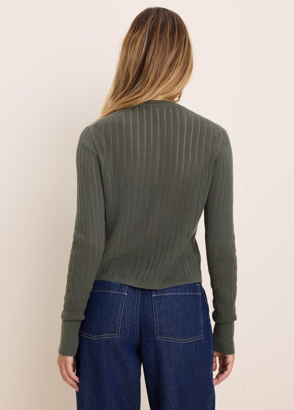 Dark green pointelle knit cardigan, seen from the back. Features a vertical openwork pattern and ribbed cuffs and hem.
