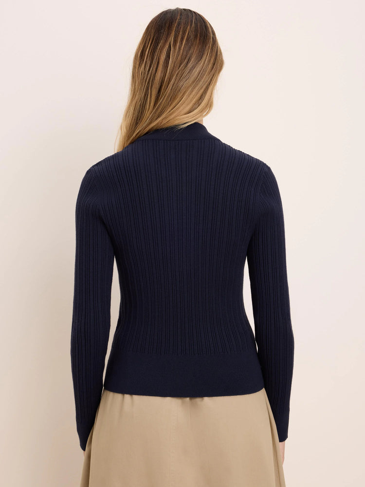 Navy blue, long-sleeved ribbed sweater with a mock neck, shown from the back.