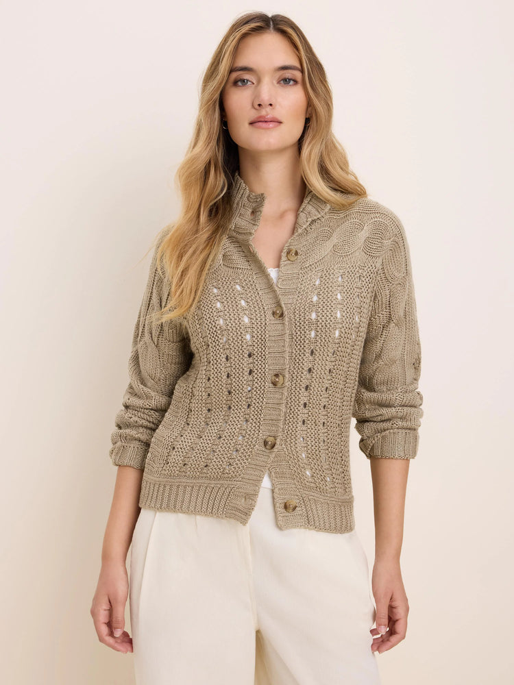 Taupe cable knit cardigan with openwork details, ribbed collar & cuffs, and brown buttons down the front.