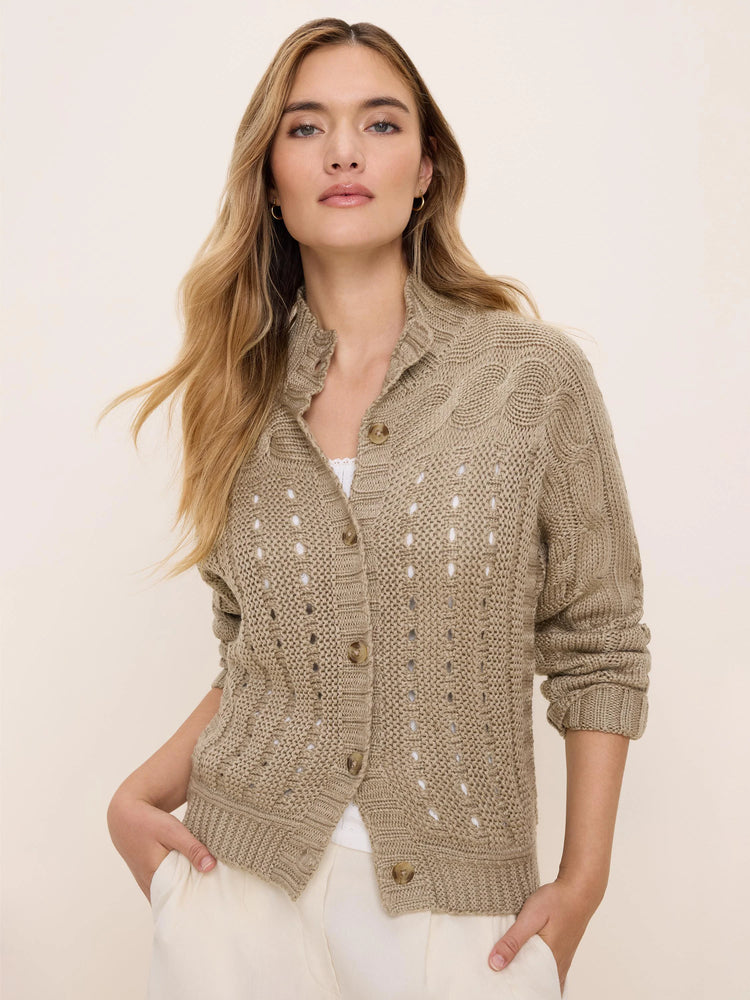 Tan cable knit cardigan with openwork details, button front, and ruffled collar.