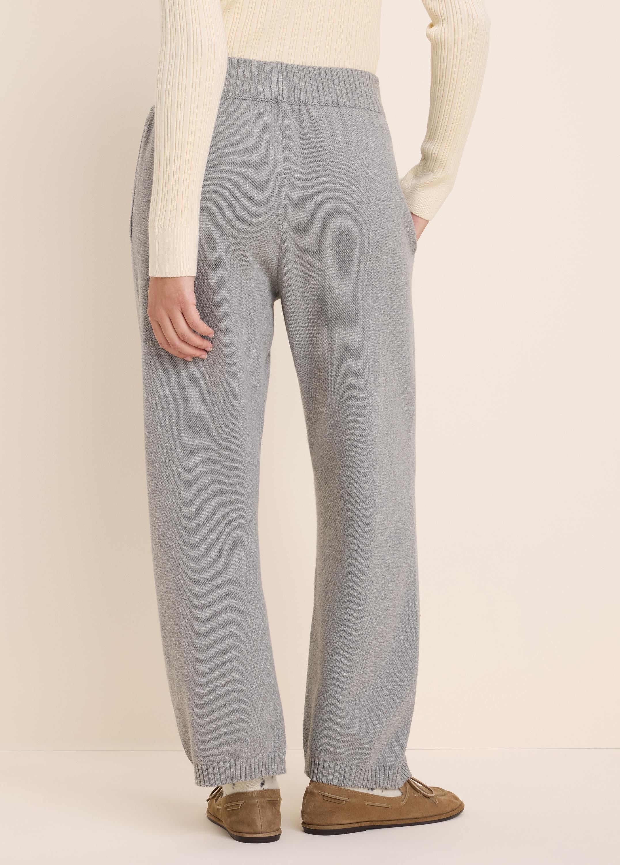 Light grey knit sweater pants with a wide-leg fit and a ribbed elastic waistband, shown from the back.