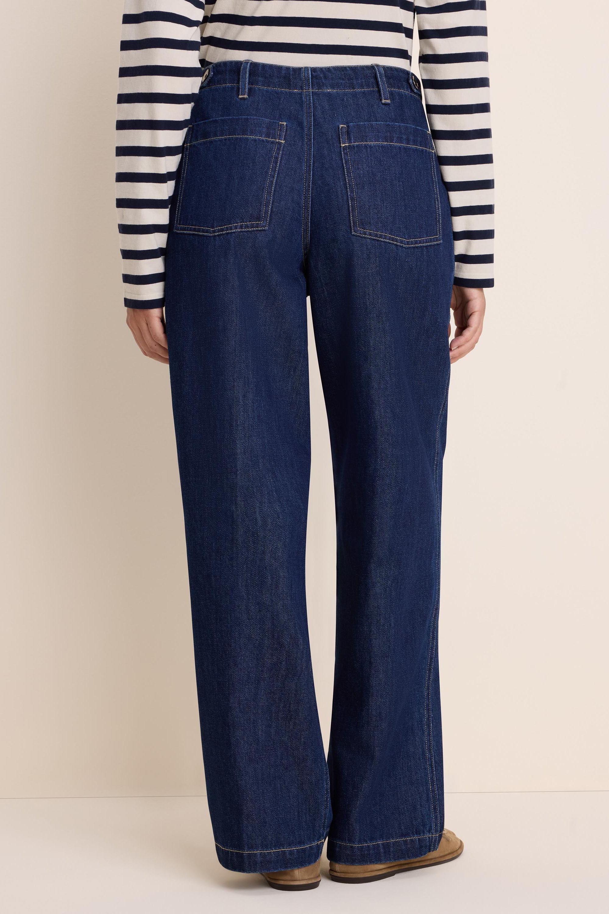 Dark blue wide-leg denim pants, shown from behind. Features light-stitched back pockets and belt loops.