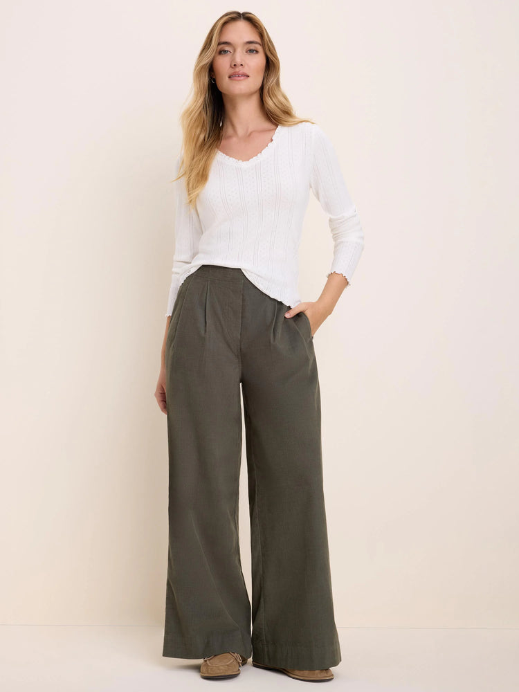 Ellis Baby Cord Pant: Dark green wide-leg baby corduroy pants with front pleats.