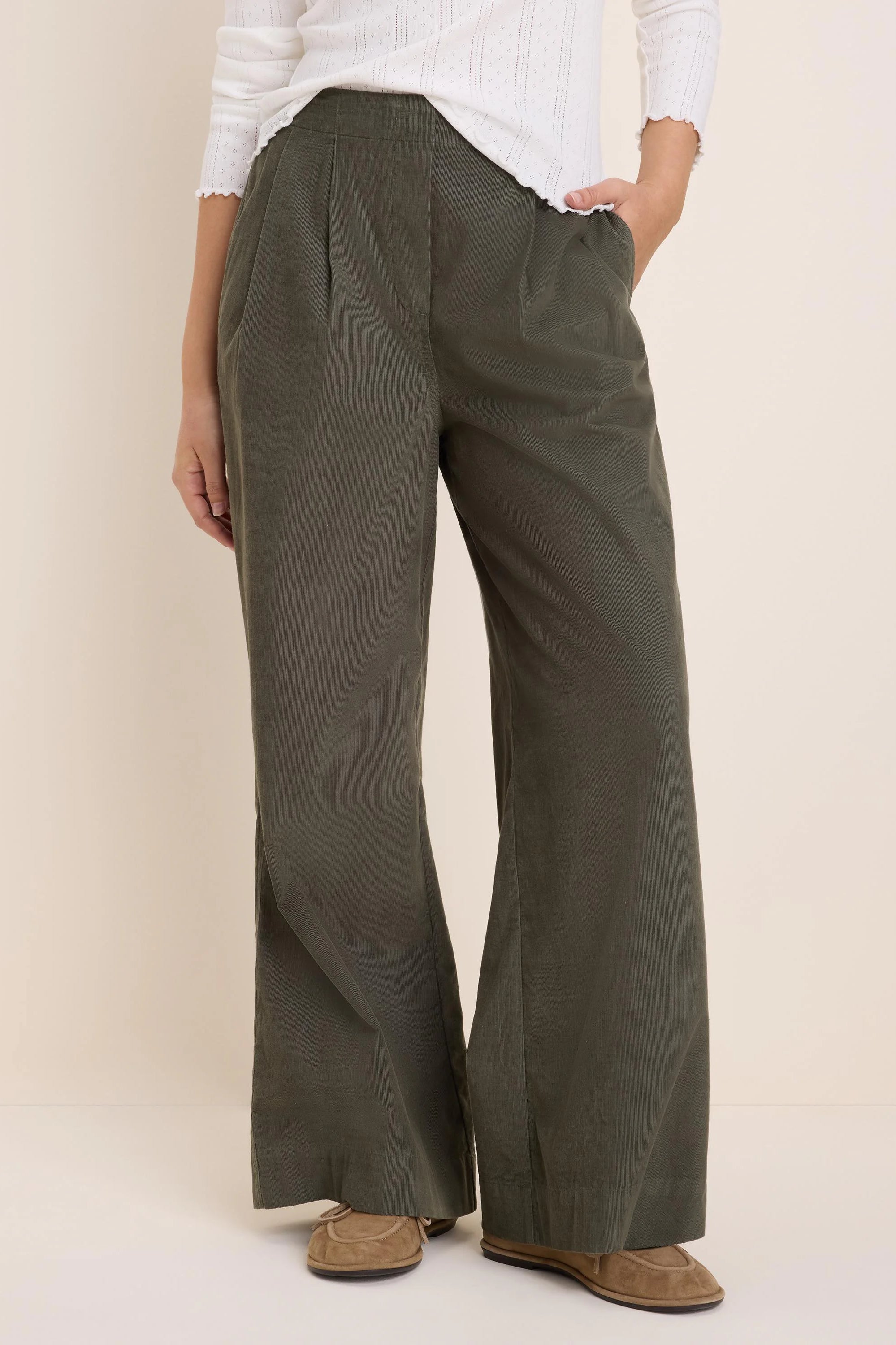 Olive green baby corduroy wide-leg pants with front pleats.