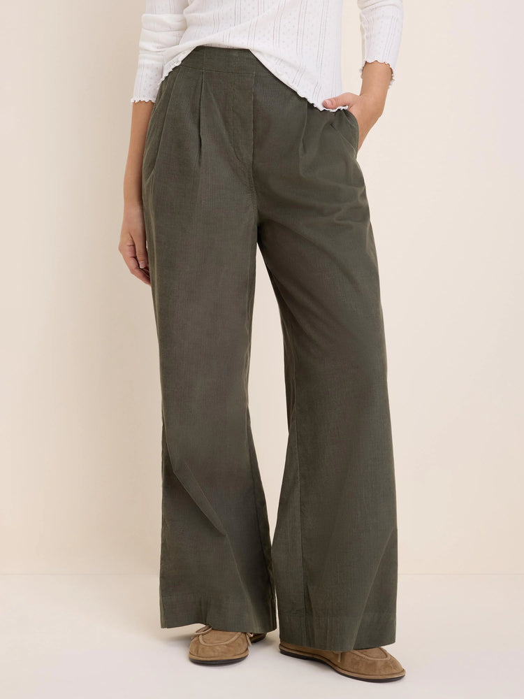 Olive green baby corduroy wide-leg pants with front pleats.