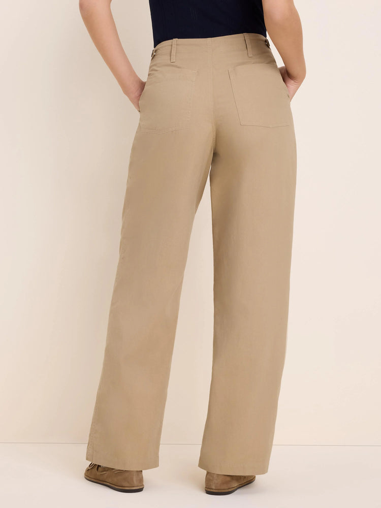 Khaki wide-leg twill pants from the back, showing belt loops and two large rear patch pockets.