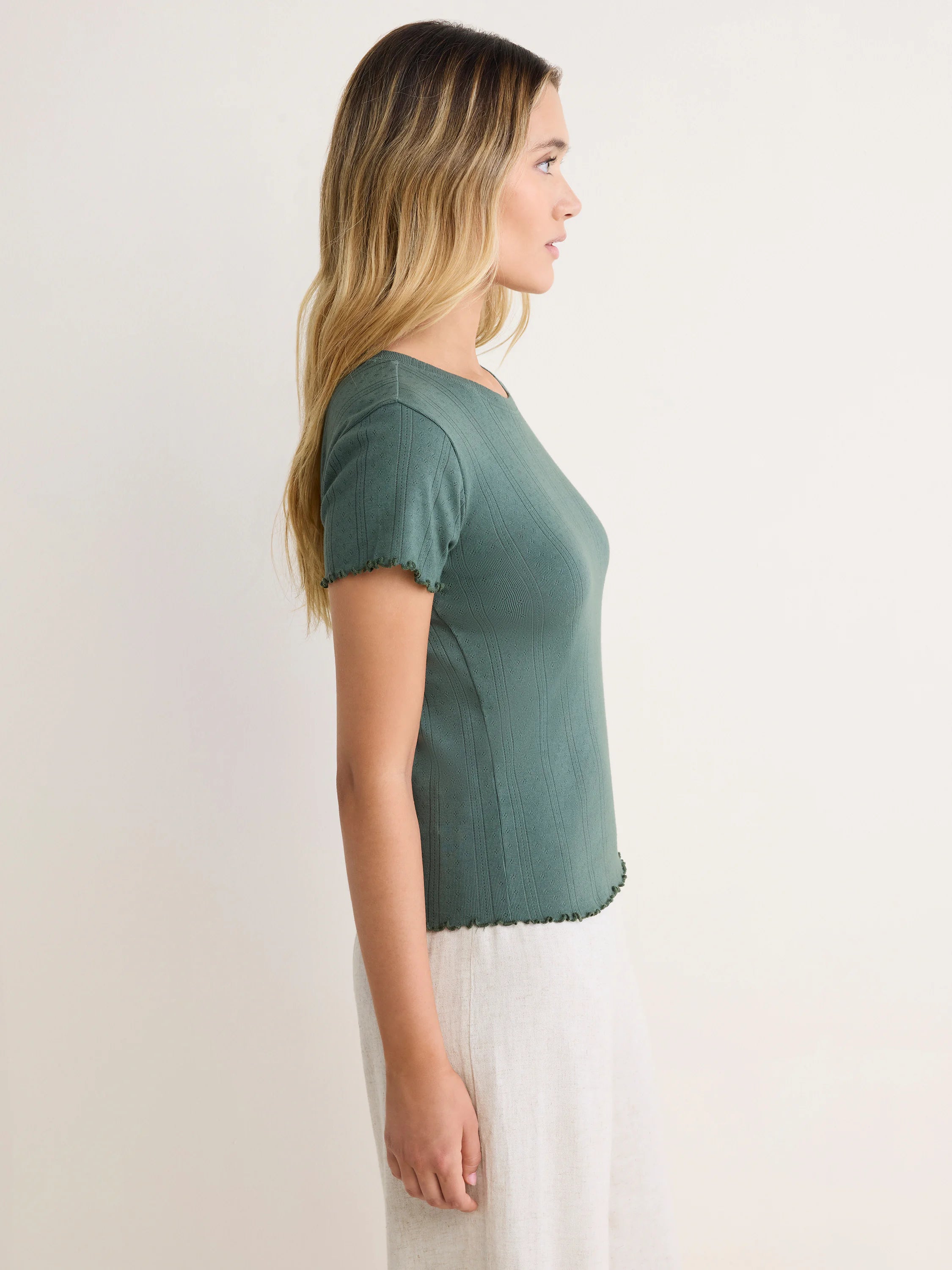 Dark teal pointelle rib tee with short sleeves and lettuce-edge trim.