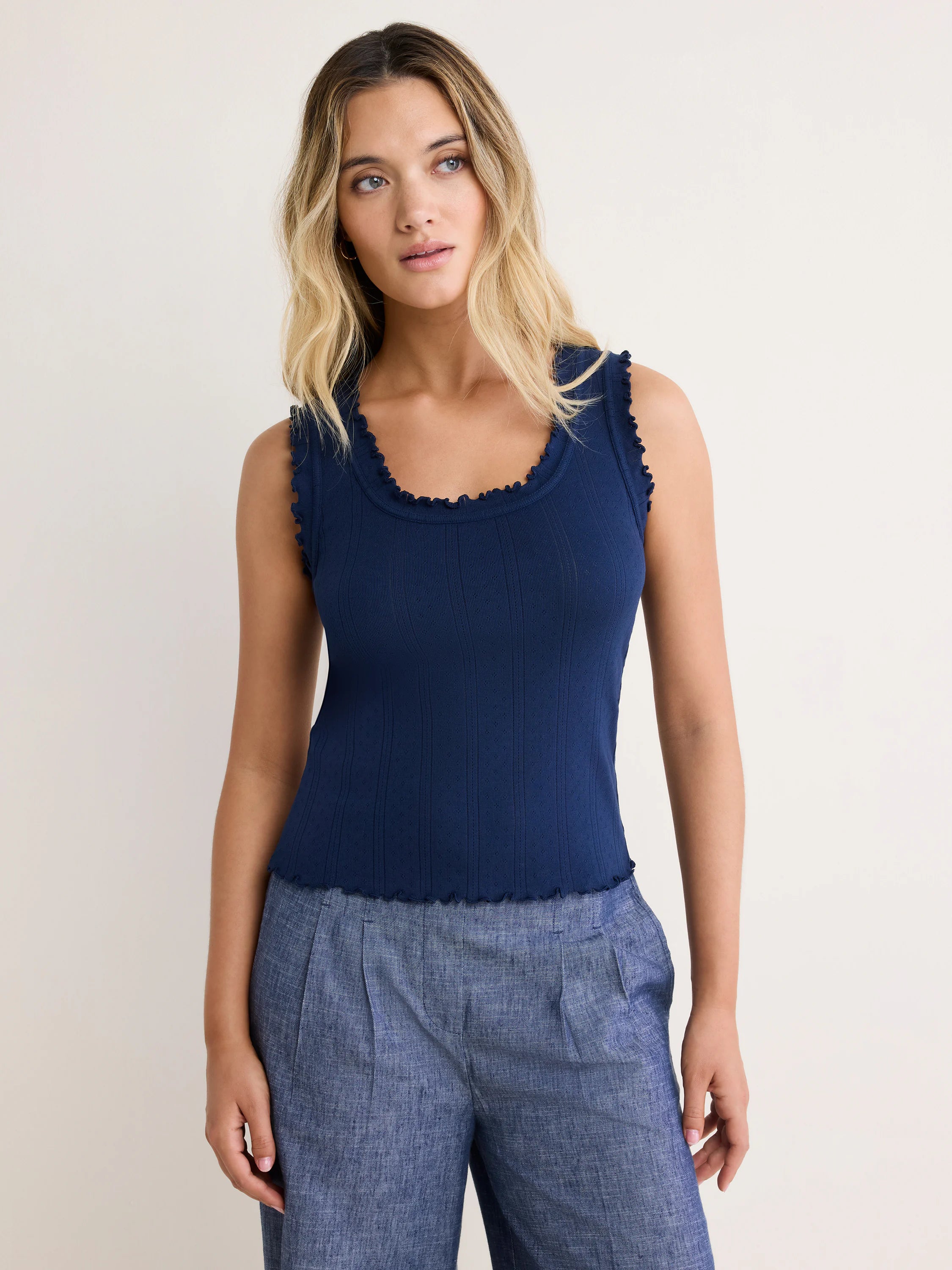 Navy blue pointelle rib tank top with ruffled neckline, armholes, and hem. Fitted style.
