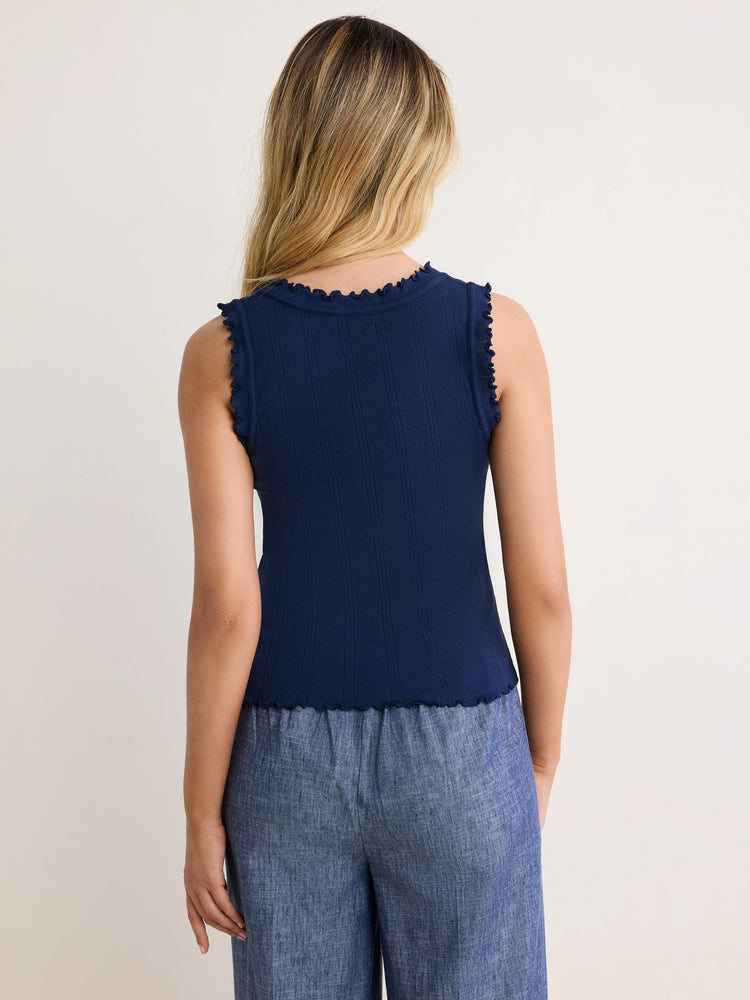 Dark navy pointelle rib tank with ruffled neckline, armholes, and hem.