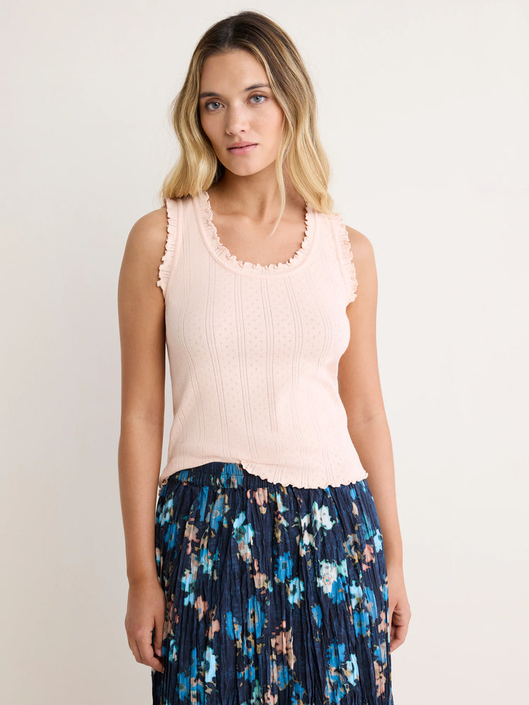 Light pink pointelle rib tank with scalloped trim on neckline, armholes, and hem.