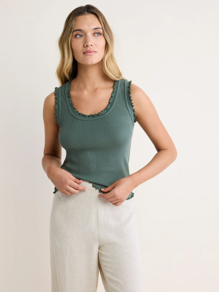 Dark teal pointelle rib knit tank top with ruffled trim at the neckline, armholes, and hem.