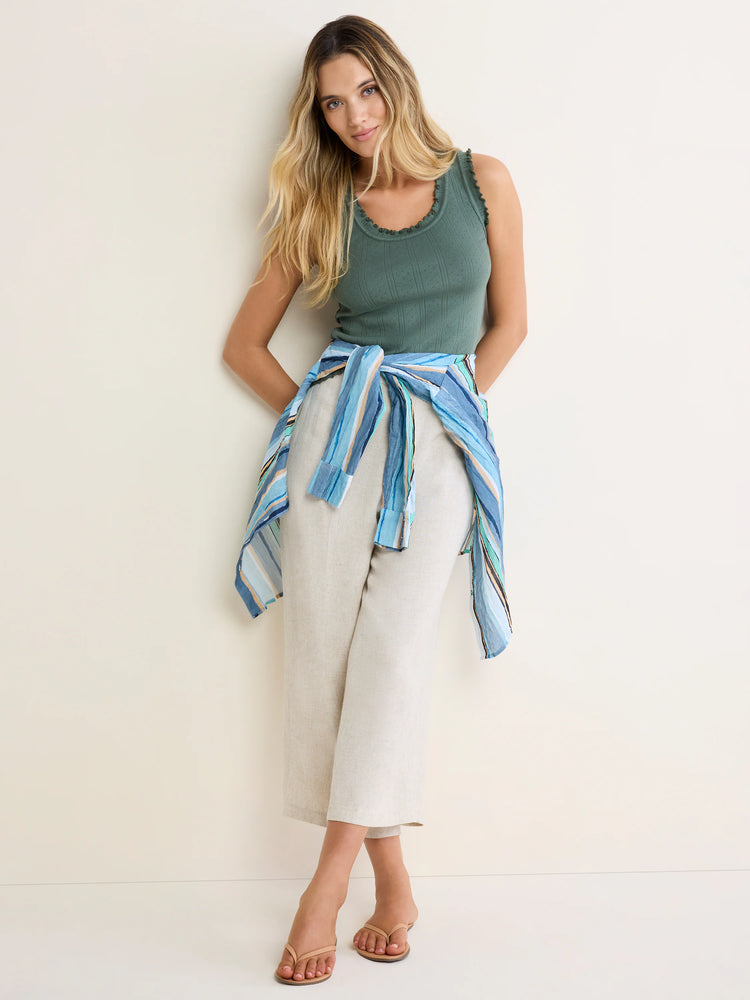 Sage green pointelle rib tank top with a ruffled scoop neck and armholes.