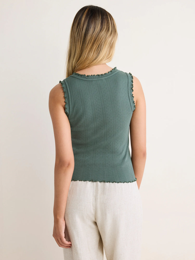 Dark green pointelle rib tank top, seen from the back, with ruffled trim on the neck, armholes, and hem.