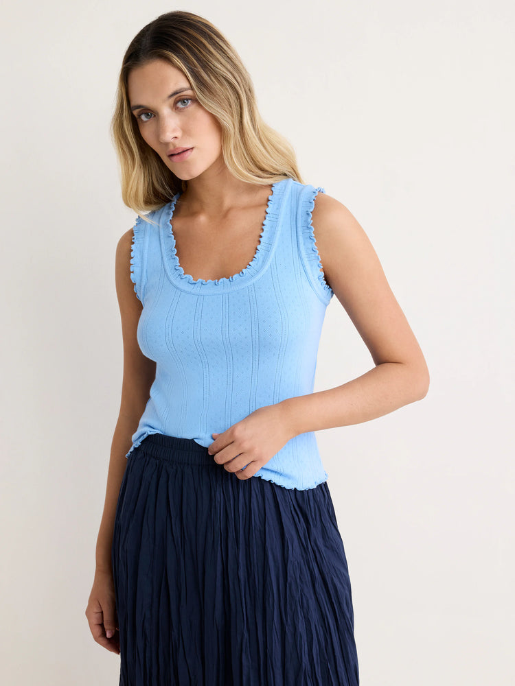 Light blue pointelle rib tank top with ruffled trim on the neckline, armholes, and bottom hem.