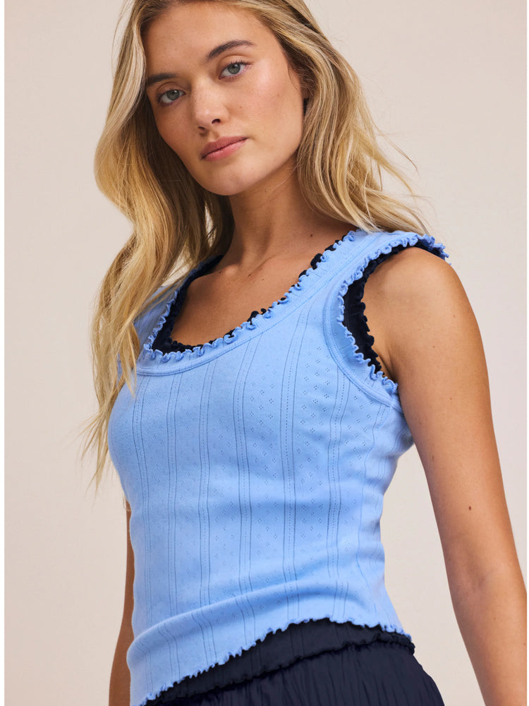 Light blue pointelle rib tank with ruffled black trim on neckline, armholes & hem.