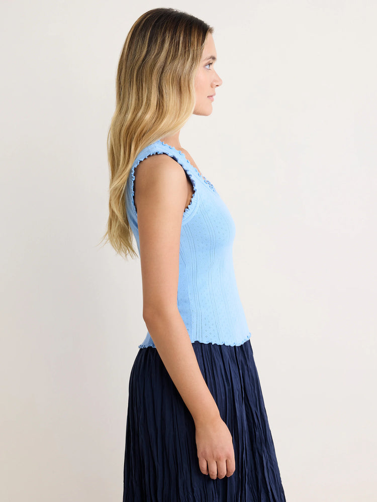 Light blue pointelle rib tank with scalloped neckline, armholes, and hem.