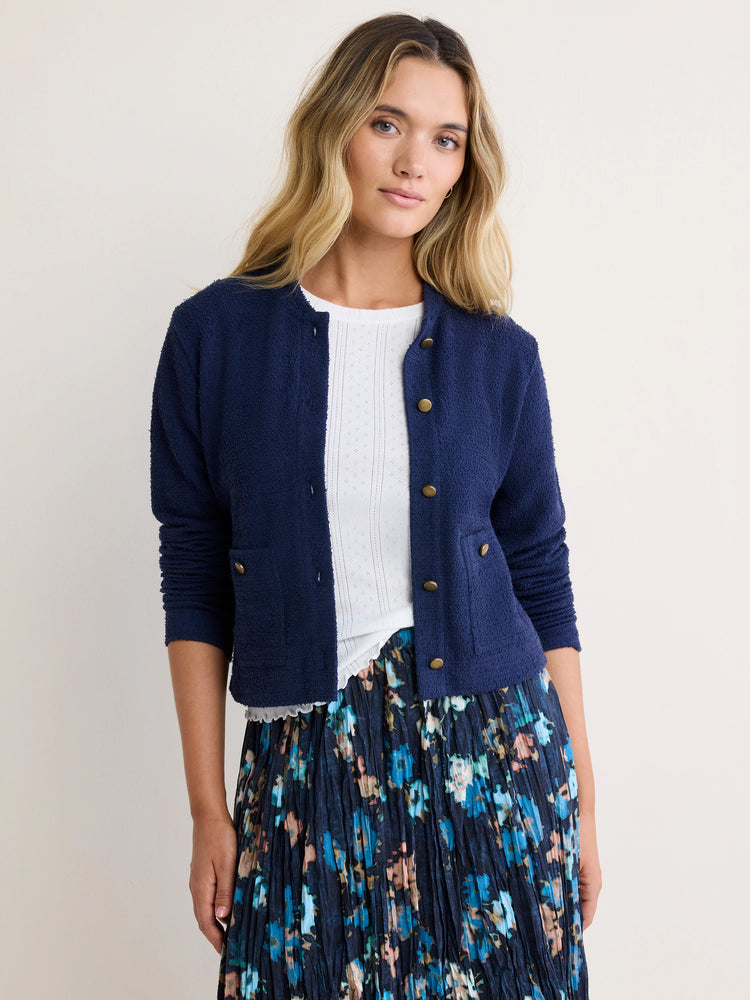 Navy textured knit bomber jacket with gold buttons and two flap pockets.