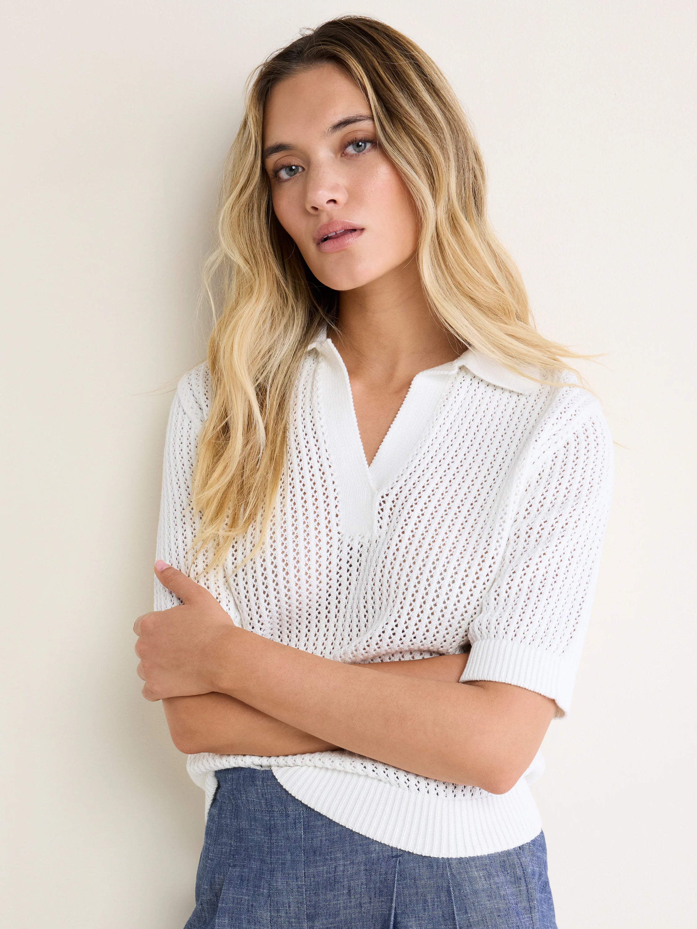 White mesh polo sweater with short sleeves, collared V-neck, and ribbed trim.