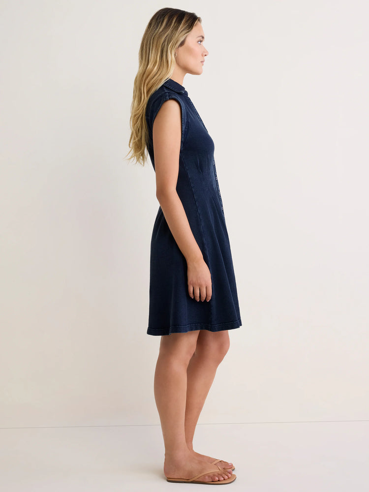 Navy blue French terry dress, collared, sleeveless, button-front. Relaxed fit, above knee length.