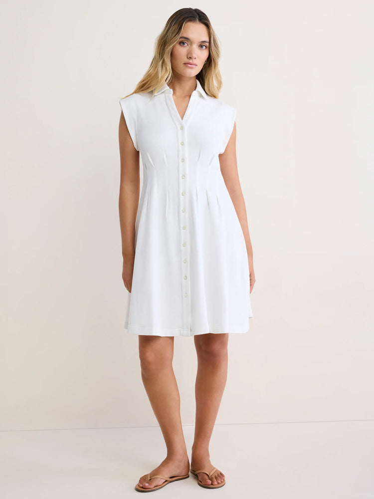 White sleeveless collared dress with a button-front, fitted bodice, and a flared skirt.