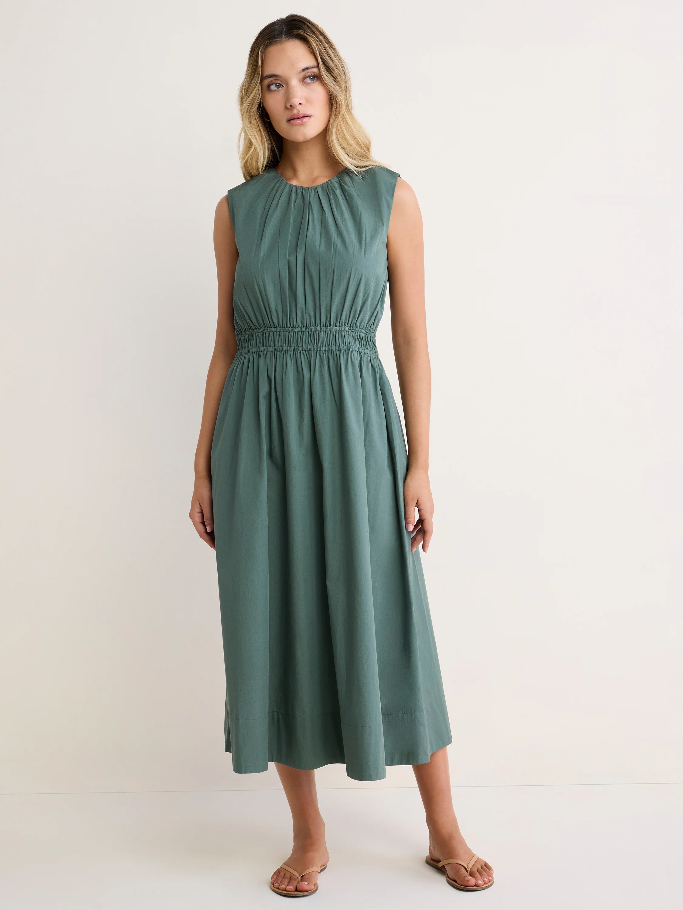 Green sleeveless poplin midi dress with a gathered neckline and elasticated waist.