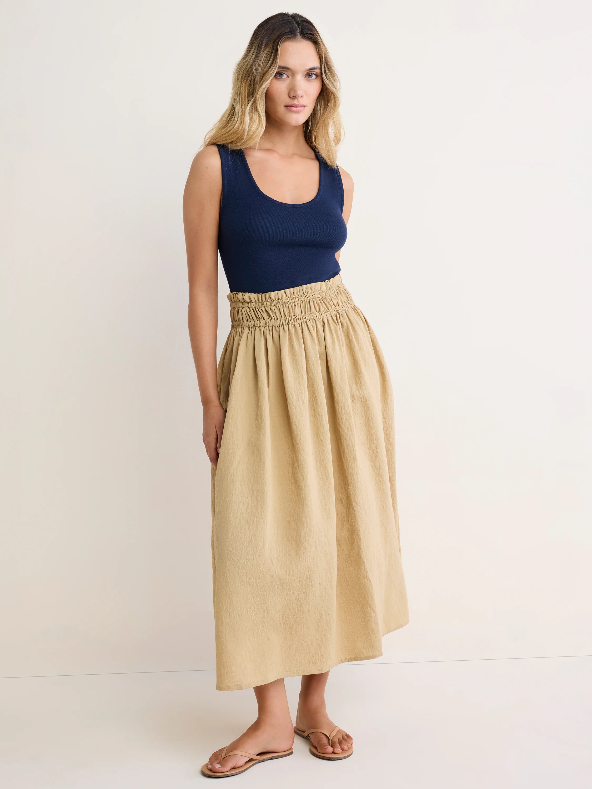 Mixed Media Mandy Dress: Navy ribbed tank top bodice with a light khaki gathered midi skirt and elasticated waist.