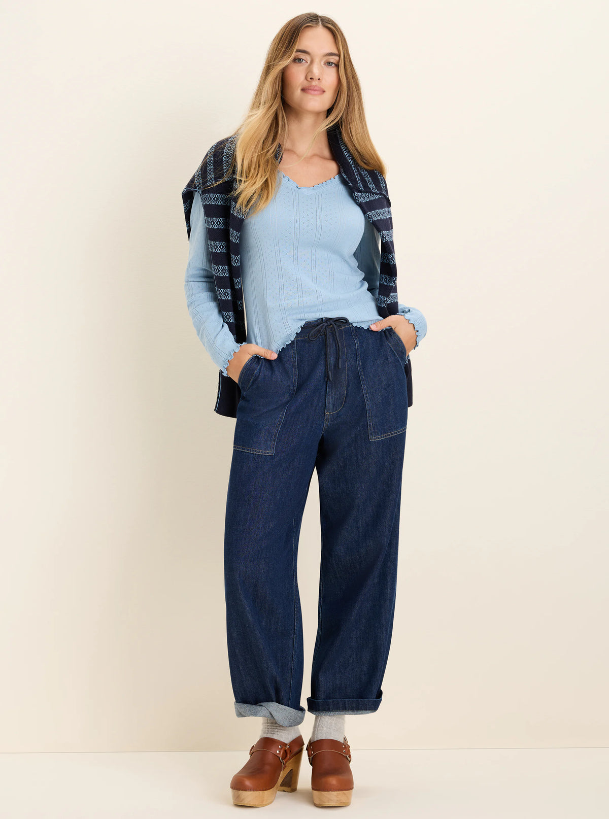 Light blue pointelle rib long sleeve tee with a scalloped V-neck and cuffs.