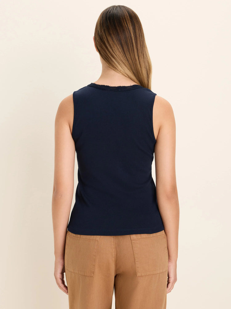 Back view of a navy ribbed tank top with delicate lace trim on the neckline.