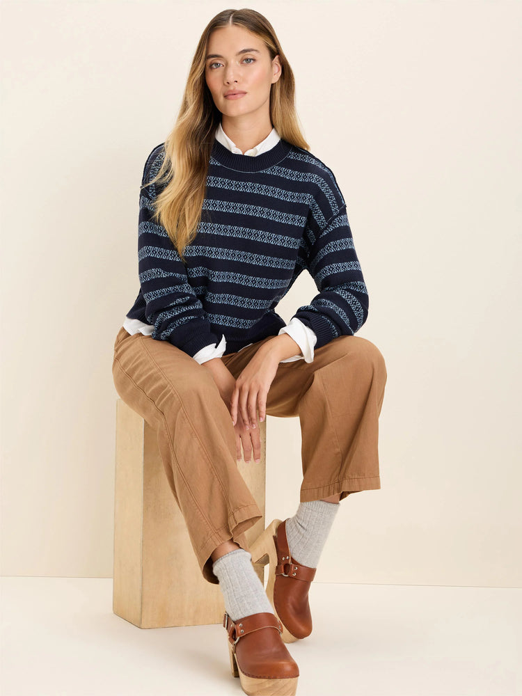 Navy sweater with light blue jacquard patterned horizontal stripes.
