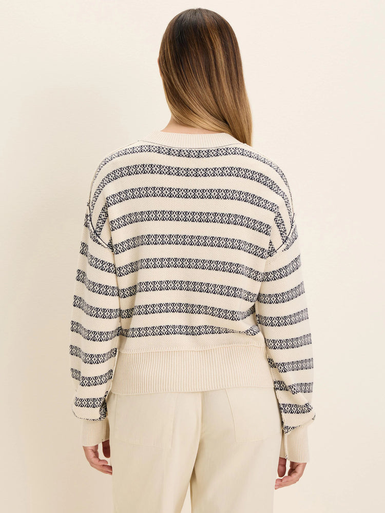 Off-white jacquard sweater with dark blue patterned horizontal stripes. Ribbed cuffs and hem.