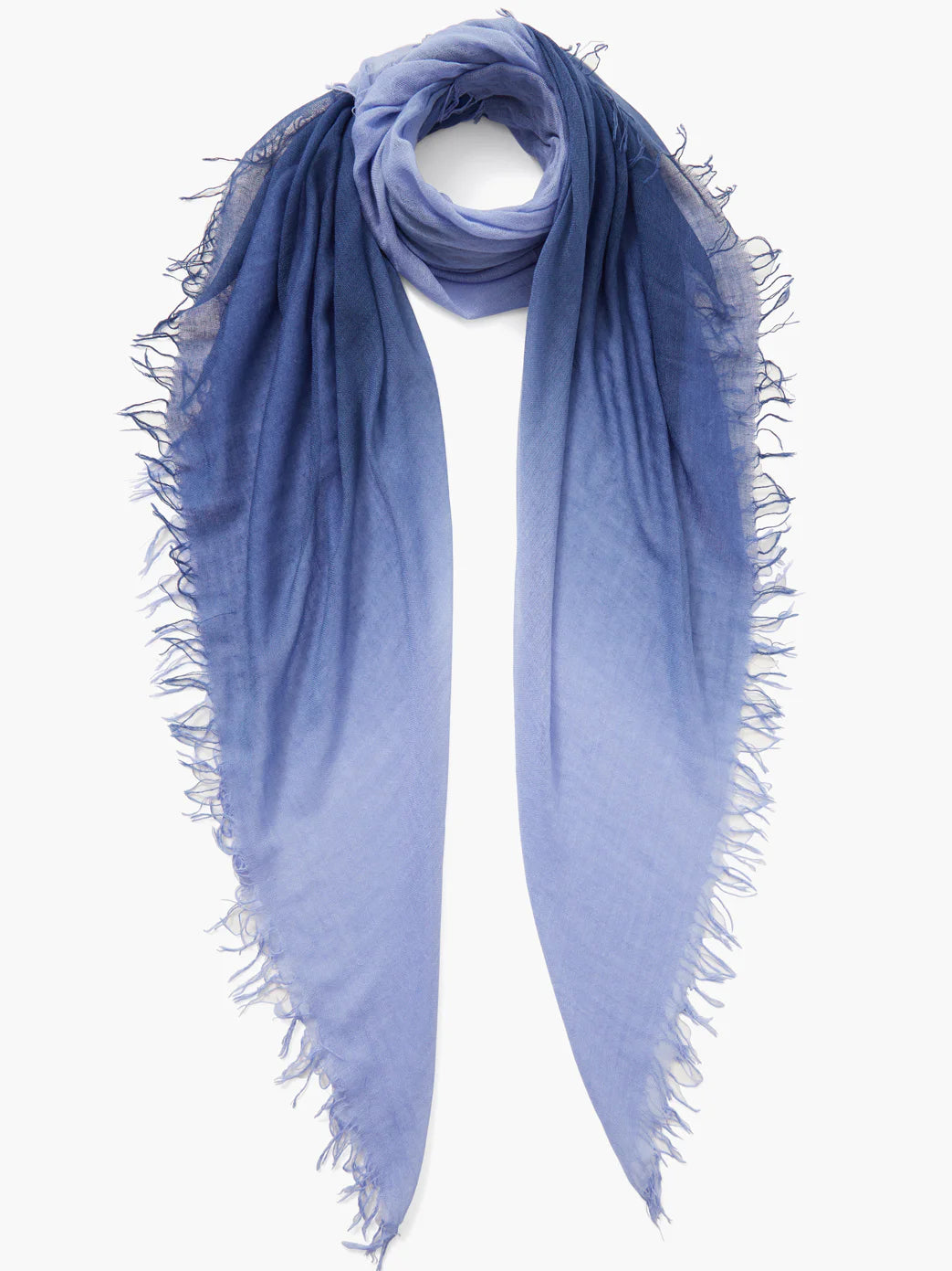 Dip-dye cashmere and silk scarf. Dark blue to light blue ombre effect. Raw edges.