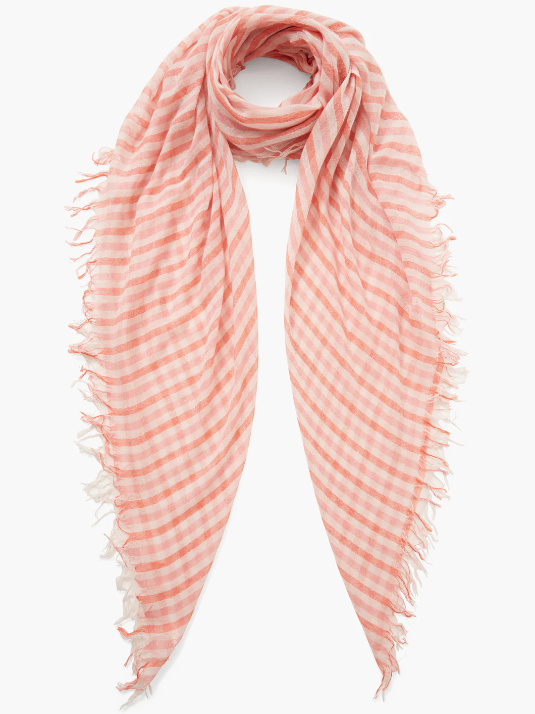 Pink and white striped fringed scarf. Diagonal stripes. Raw edges.