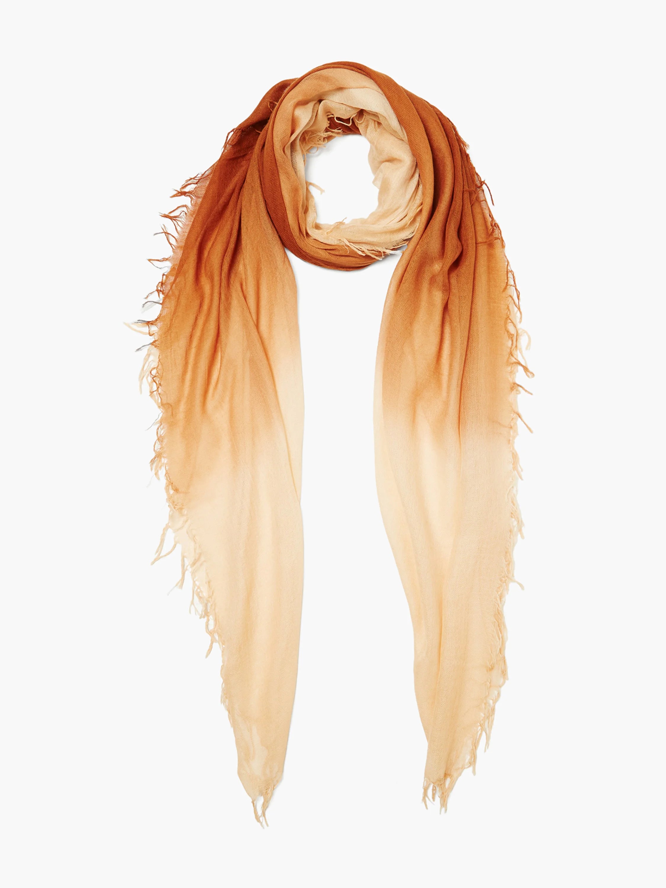 Dip-dye ombre scarf; shades of light beige to burnt orange; frayed edges.