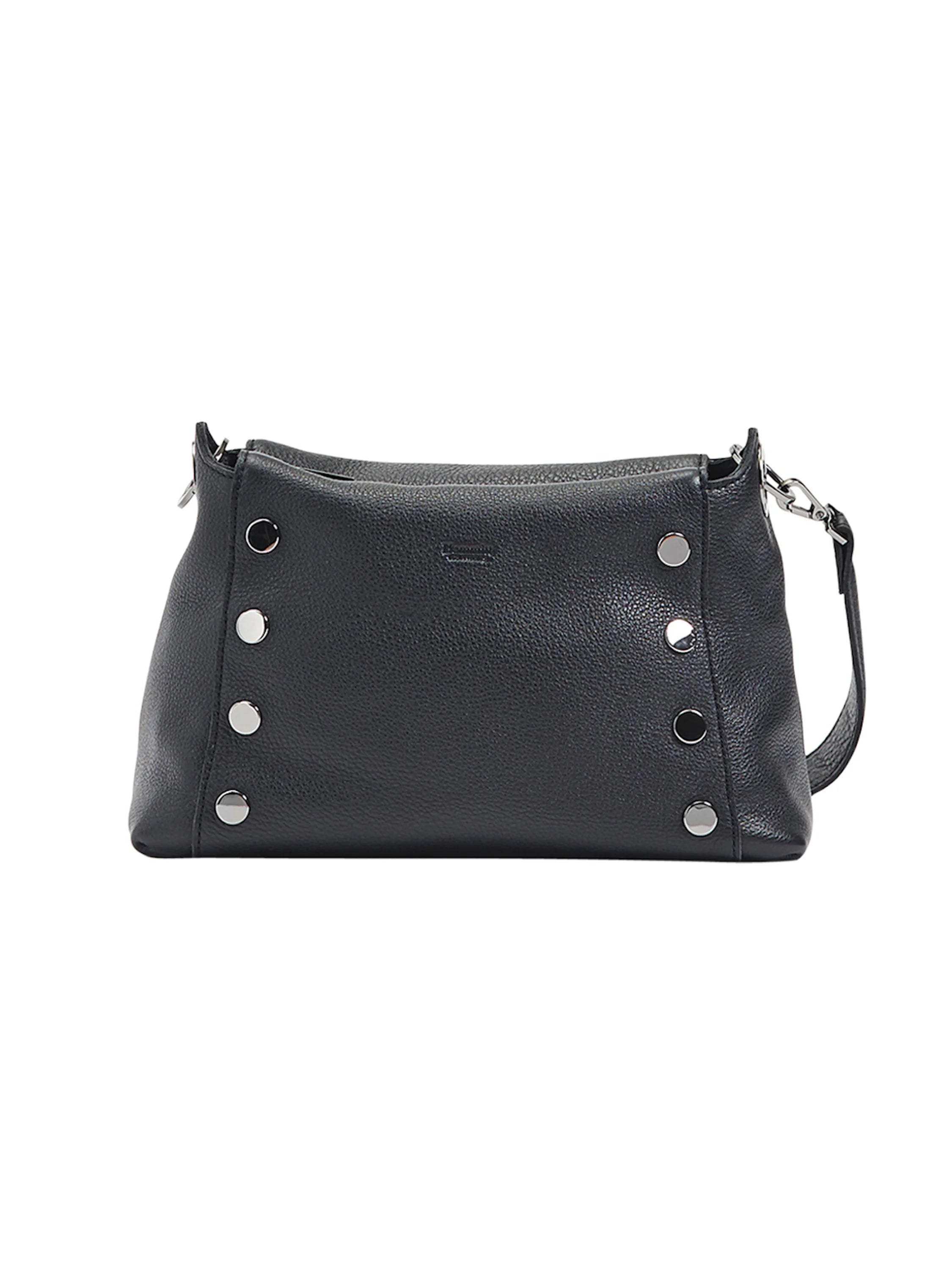 Hammitt Bryant Medium bag: Dark gray pebbled leather, 6 round silver-toned studs, thin shoulder strap.