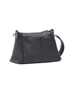 Black pebbled leather shoulder bag with a rectangular base, top zipper, and silver-toned hardware.