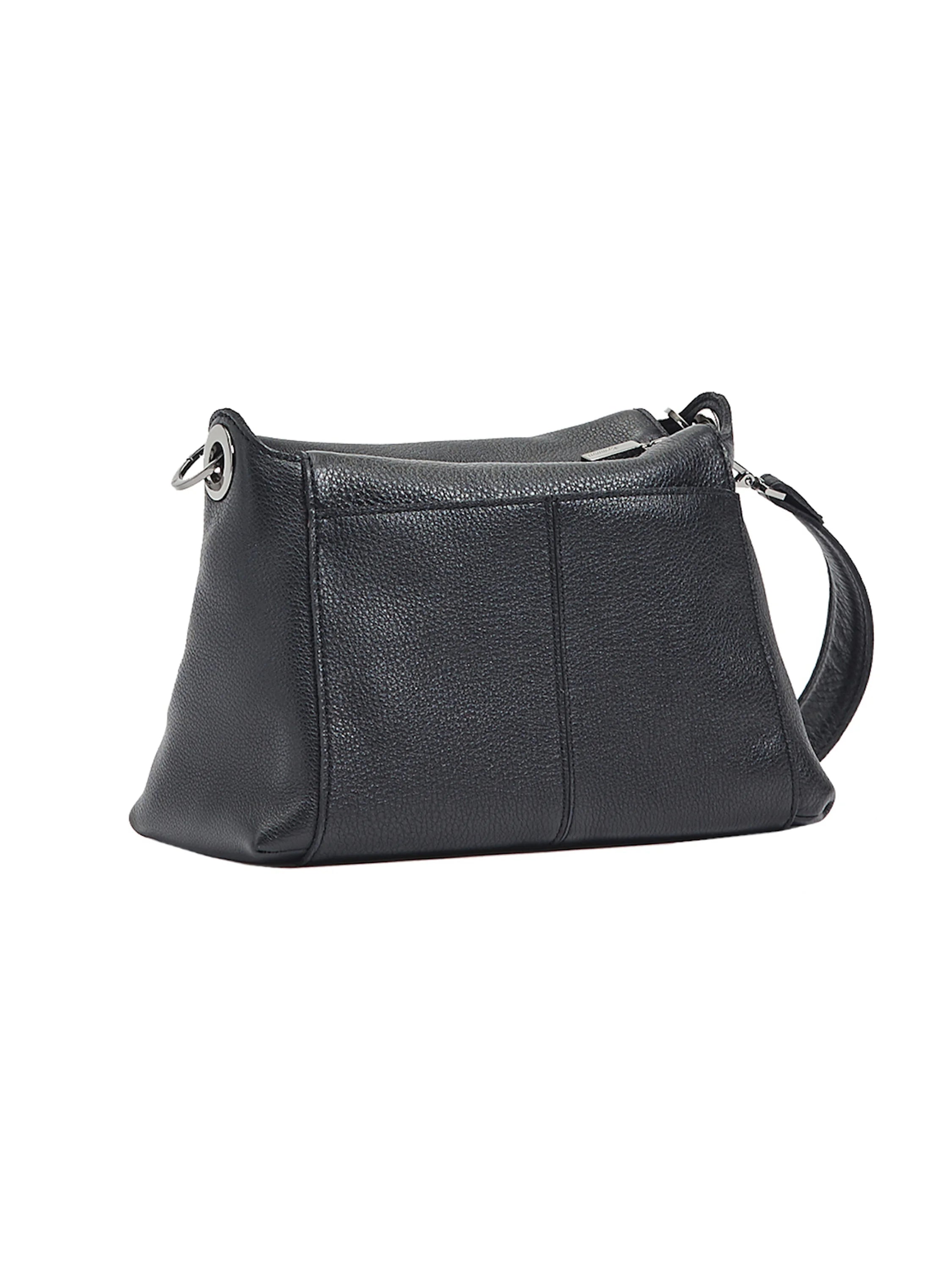 Black pebbled leather shoulder bag with a rectangular base, top zipper, and silver-toned hardware.