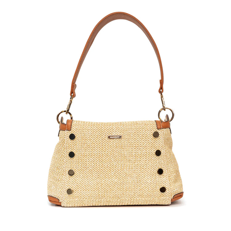 Tan woven straw shoulder bag with brown leather trim, strap, dark studs & gold hardware.