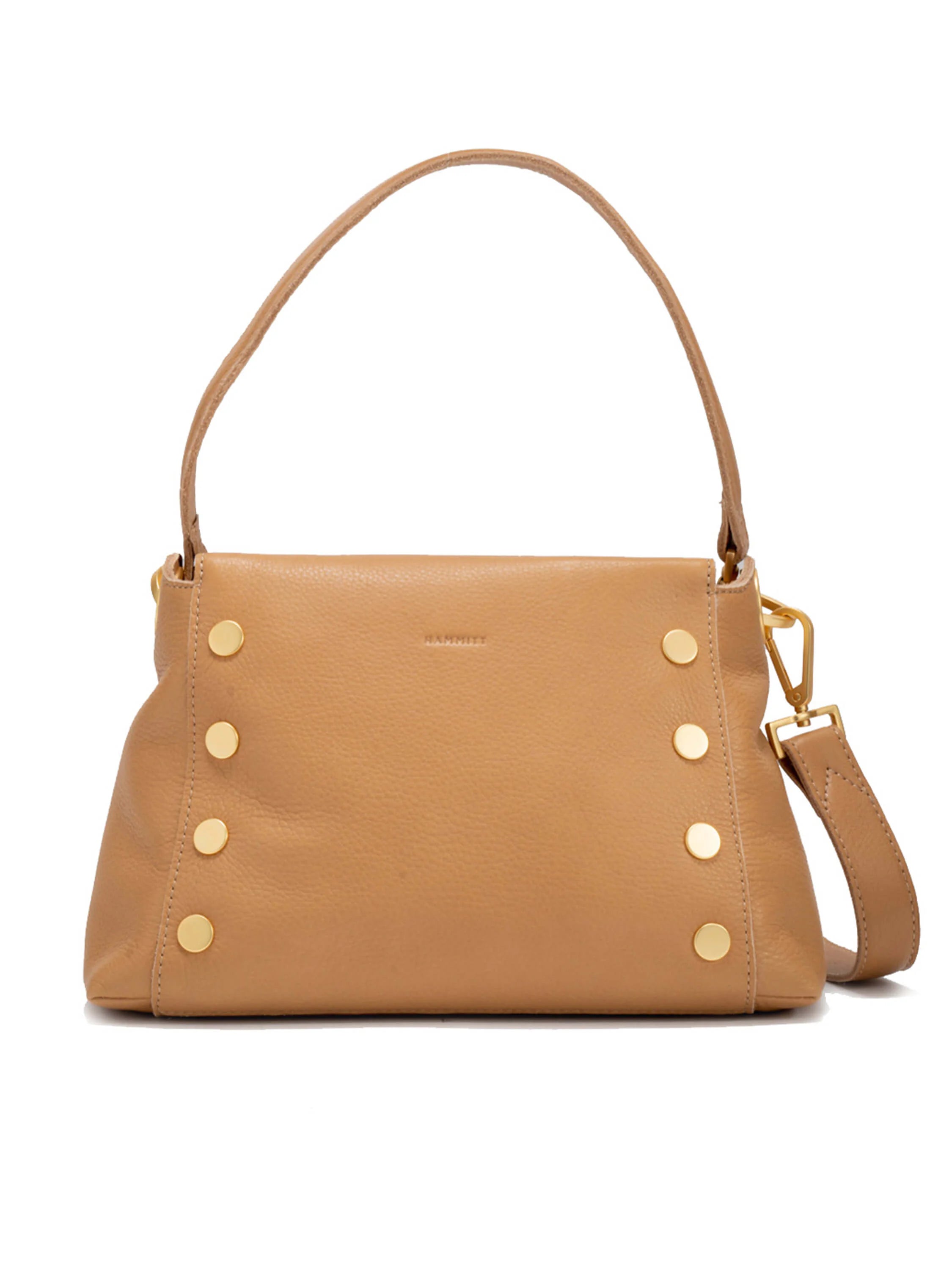 Tan grained leather handbag with a top handle, detachable shoulder strap, and gold-tone studs arranged vertically on the...