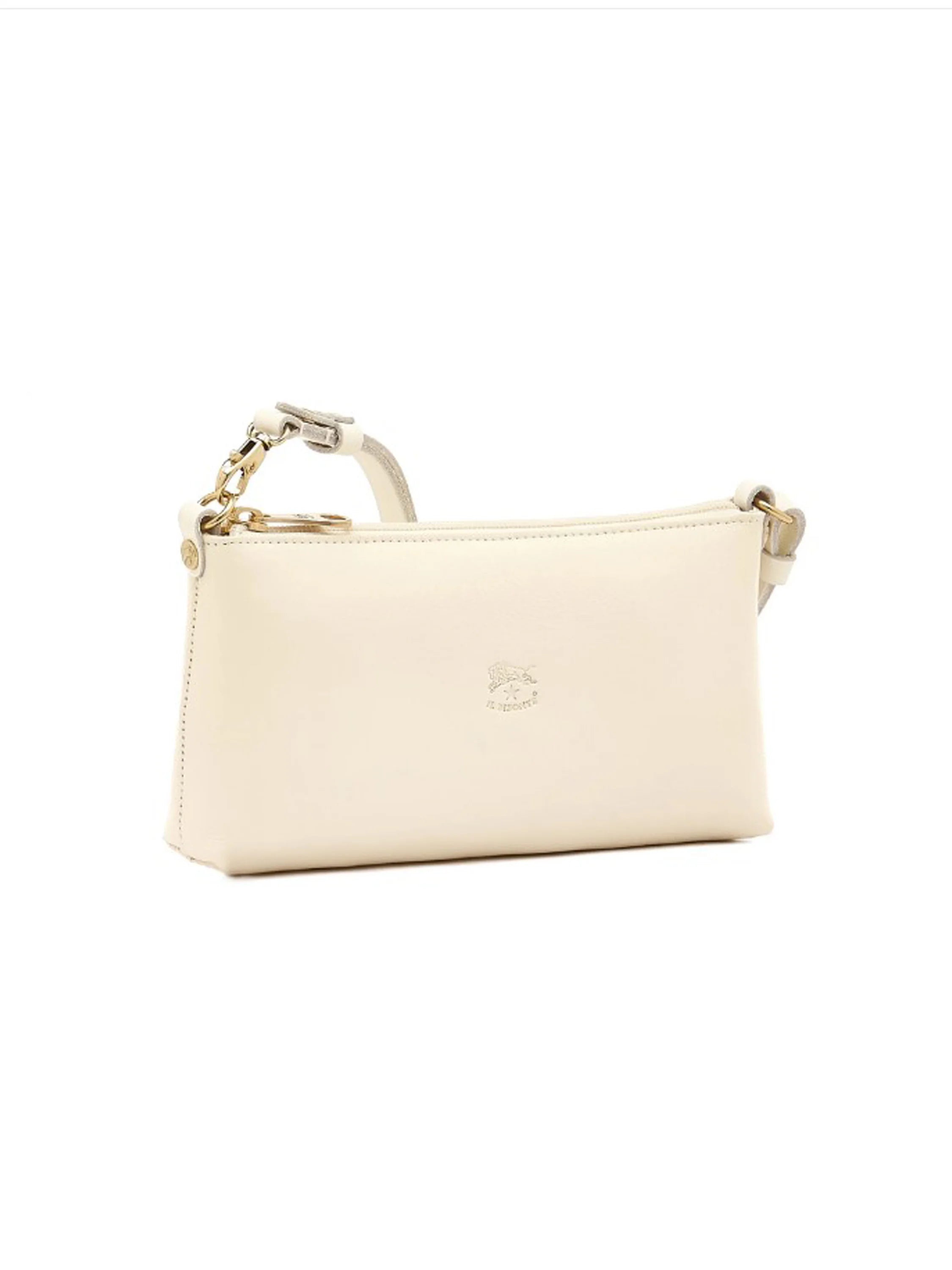 Cream leather rectangular shoulder bag with gold hardware and an embossed bison logo.