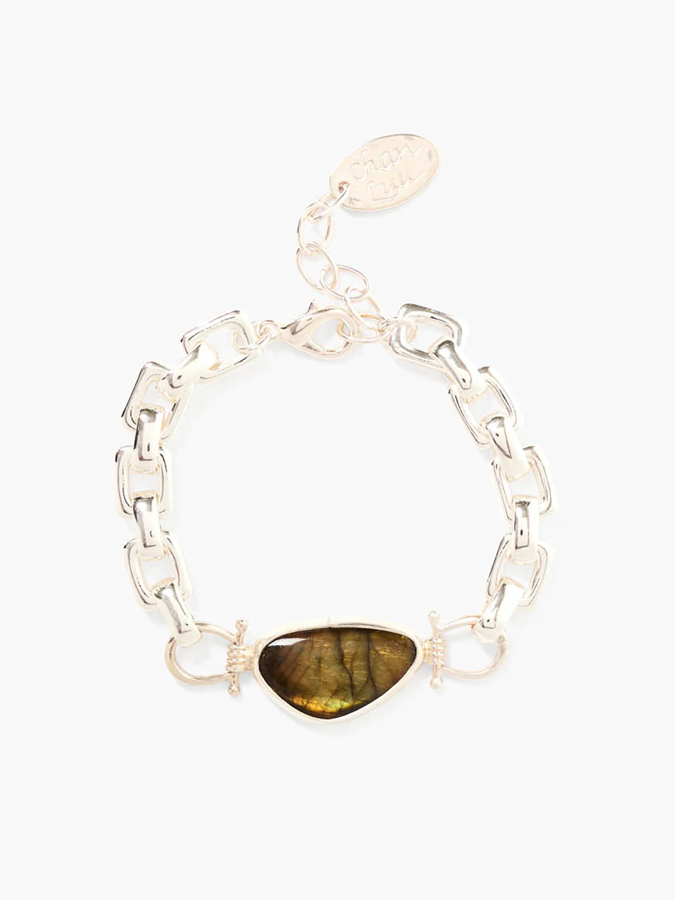 Gold clasp, light gold chain bracelet with a dark greenish-brown labradorite stone.
