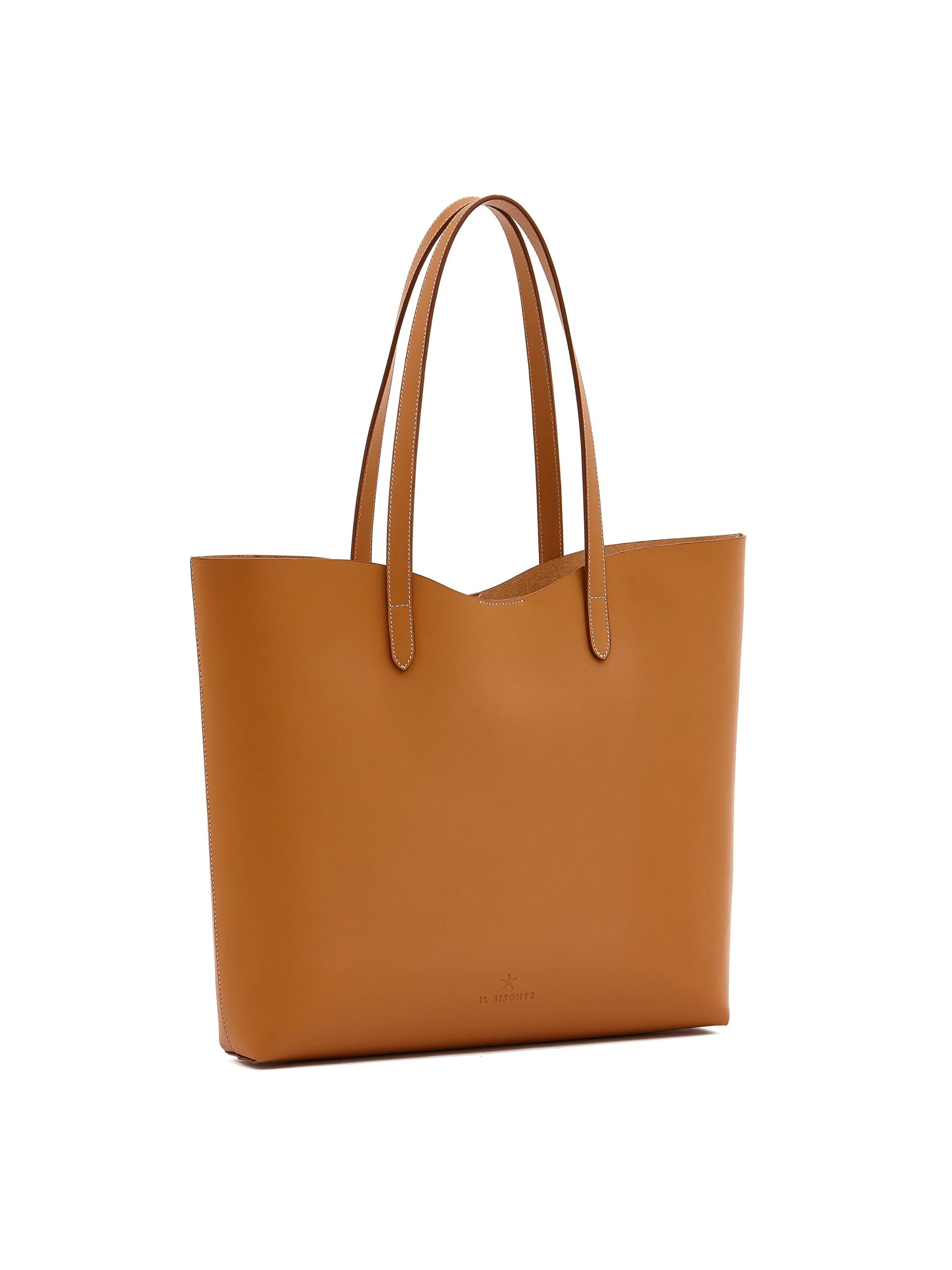 Brown leather tote bag with long handles. Subtle logo on front.