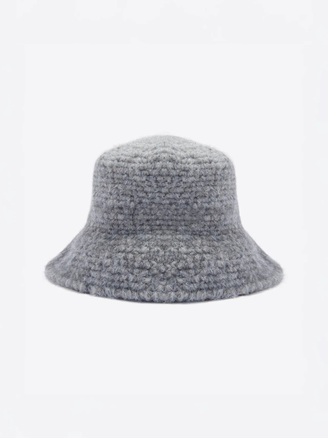 Heather gray bucket hat with a distinct fluffy, looped texture.