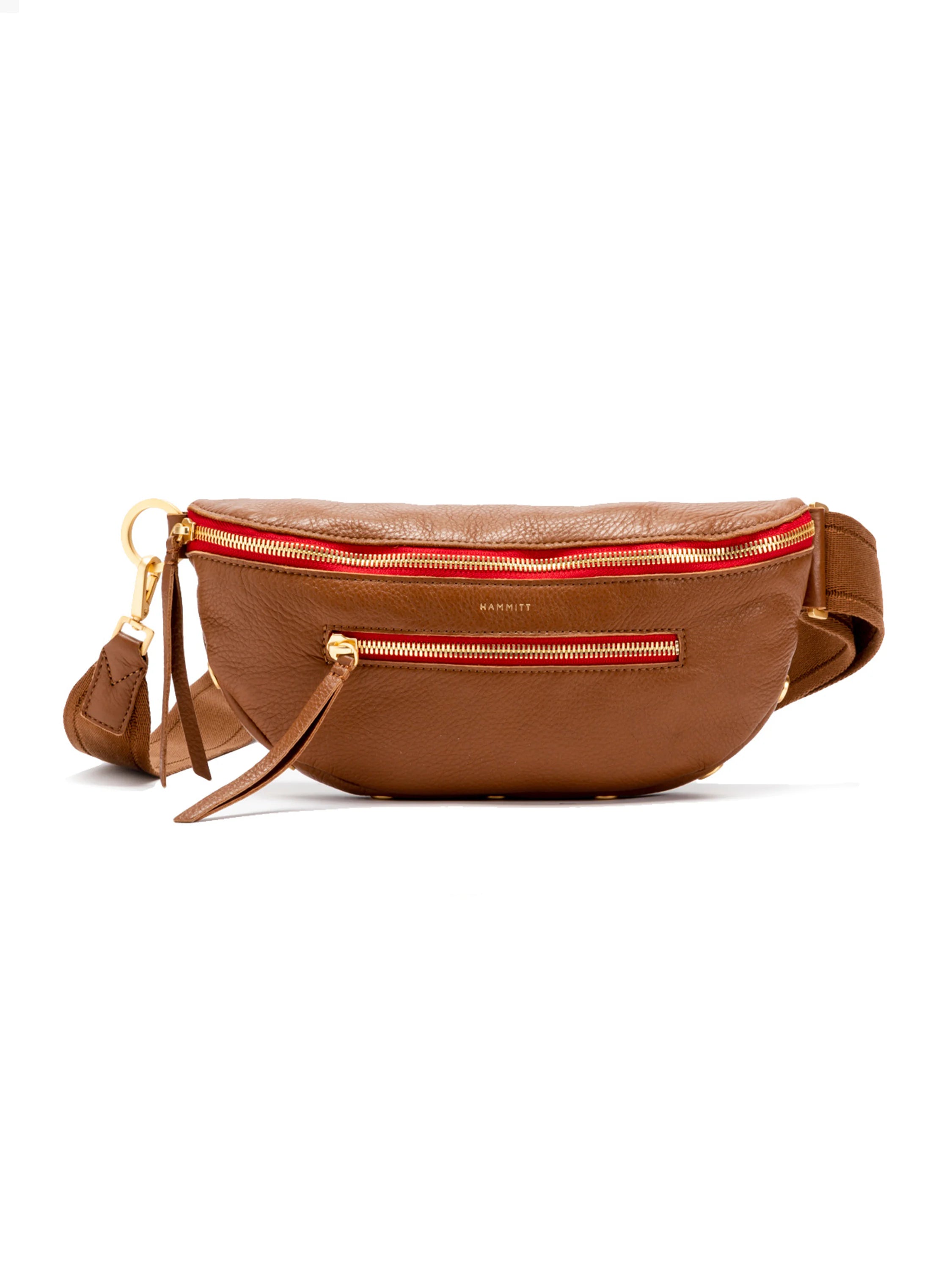 Brown pebbled leather crossbody bag with red zippers and gold hardware. Features an adjustable brown strap.