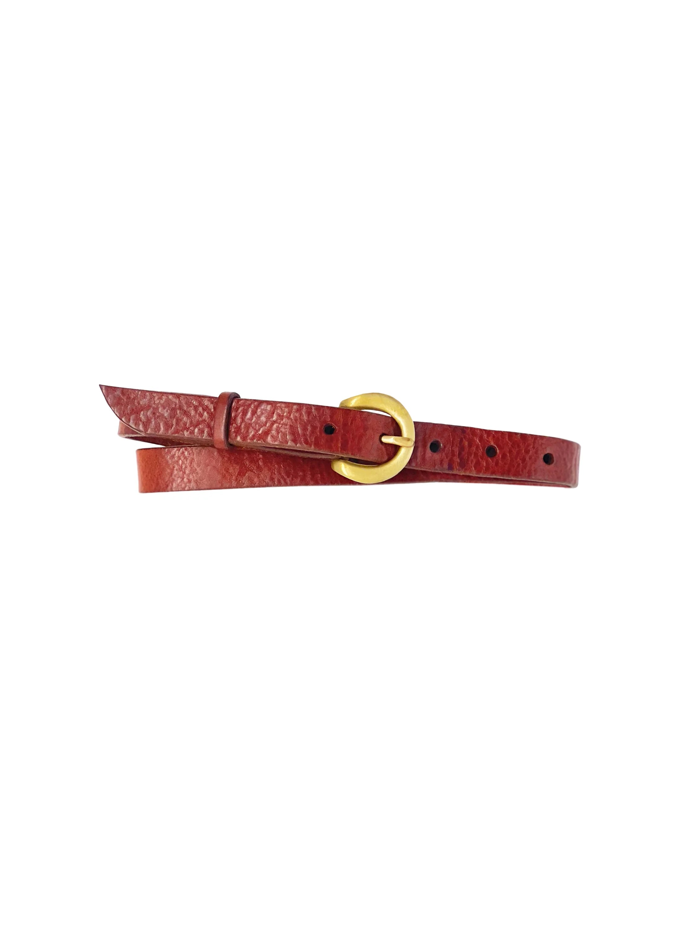 Red-brown pebbled leather belt with a gold buckle. Narrow strap, angled tip, and multiple adjustment holes.
